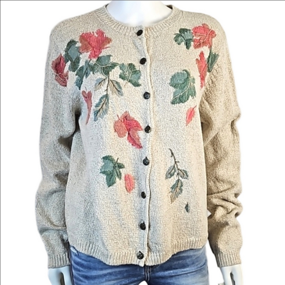 Koret Sweaters - VTG Monterey by Koret Linen Cotton Knit Cream Cardigan w Embroidered Leaf Motif
